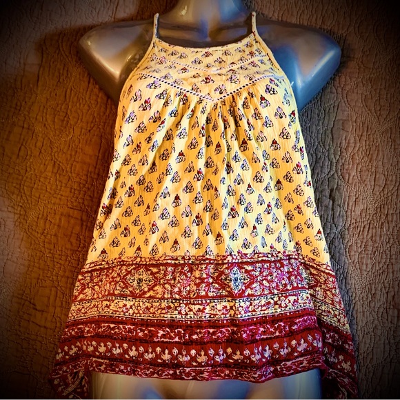 Hollister Women Bohemian Racerback Top XS Yellow Aztec Boho Spaghetti Strap Tank - Picture 1 of 7
